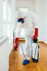 Technician treating an interior hallway perimeter for Bed Bug Control
