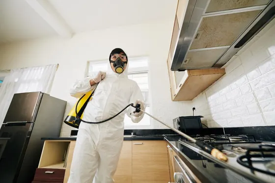 Technician treating a kitchen perimeter for Ant Control